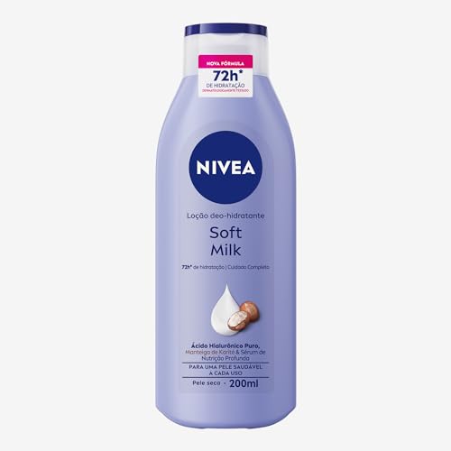 NIVEA Loção Deo-Hidratante Soft Milk 200ml, Hidratação Profunda 72h, Hialurônico Puro, Corporal, Pele Seca