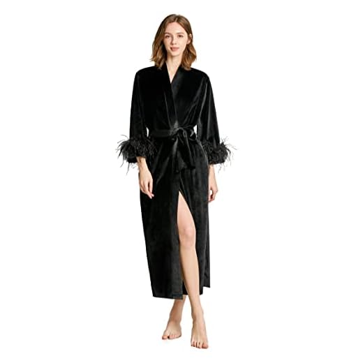 PRODESIGN Women Long Velvet Robe with Ostrich Feather Trim Soft Warm Bathrobe Pure Color Sleepwear