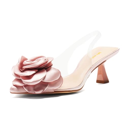 Women Elegant Pointed Toe Clear Slingback Strap Pumps Flowers Slip On Low Kitten Heel Shoes Evening Party Dress Size 4-16 US
