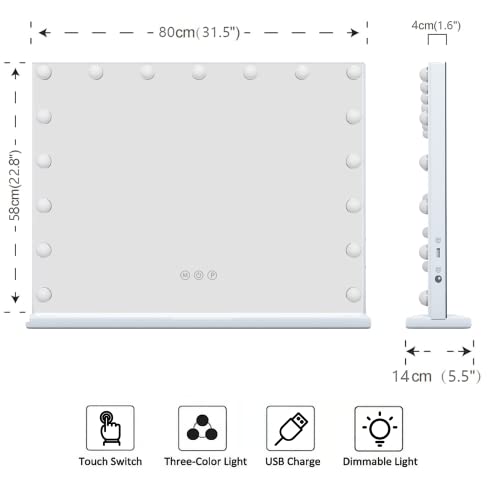 Manocorro Vanity Mirror With Lights Hollywood Makeup Mirror, Large Vanity Lighted Mirror With 18 Led Bulbs, Hollywood Mirror With 3 Color Modes For Bedroom, Tabletop Or Wall-Mounted, 31.5X22.8 Inch #TOP4