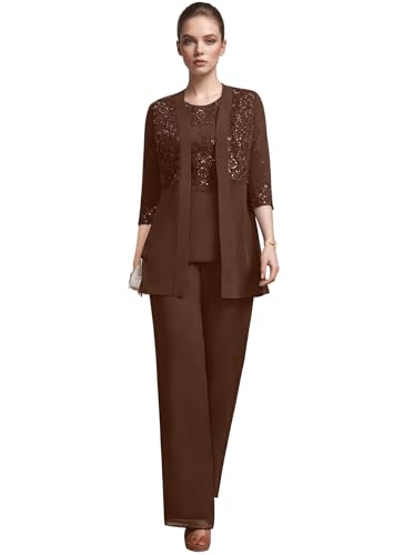 3 Pieces Mother of The Bride Pant Suits for Women Dressy Elegant Wedding Chiffon Lace Formal Outfits with Jacket RJX03