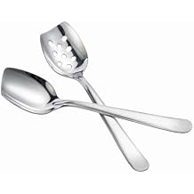 IMEEA 8-Inch Compact Flat Bottom Scraping Cooking Spoon Set of 2, 18/8 Stainless Steel Slotted & Solid Stirring Spoon, Small Kitchen Spoon for Sauces, Eggs, Instant Pot, Small Pan & Bowl