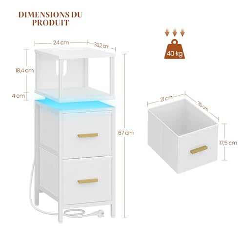 Table de chevet éclairée 2 tiroirs HEXCELEN petite table de nuit blanche USB