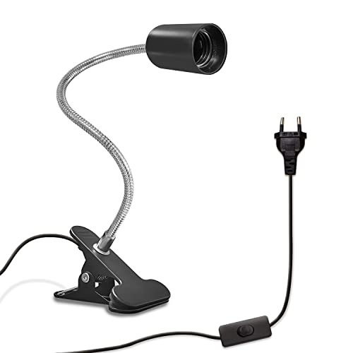 WEEVDRIE E27 Tischlampe Klemmleuchte Lampenfassung, Flexiblem Schwanenhals Schreibtisch Lampen Klipp Lampensockel mit Schalter und 220cm Kabel, Clip-On Schreibtischlampe Halter mit Clip, Schwarz Cover