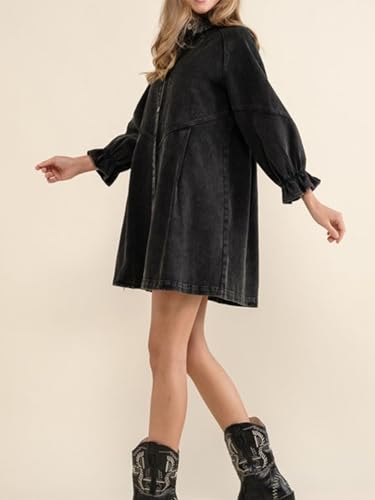 ALSOGO Women Denim Shirt Dress 3/4 Long Sleeves Casual Button Down Babydoll Flowy Jean Dresses2