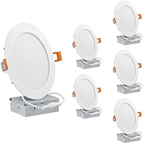 QPLUS 6 inch Slim Panel Recessed LED Pot Lights with Junction Box, 13 Watts (=100 Watts), 1050 Lumens, 50,000 Hours, Dimmable, cETLus & Energy Star Rated, IC Rated (5000K Daylight, 6 Inch) Cover