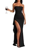 LAGSHIAN Women's Elegant Tube High Split Maxi Dress Strapless Bodycon Ruched Long Formal Evening Dress Black