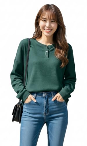 Image of Zilcon Full Sleeve Waffle (Wool) Oversized Tshirt for Women, Button Down Neck Longline Drop Shoulder Sweatshirt for Women