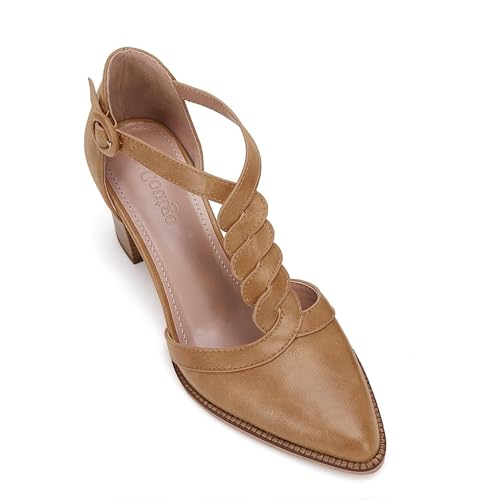 Image of Coutgo Womens Block Chunky Heels T Strap Pointed Toe Work Dress Shoes | Closed Toe Pumps, 2.6-In Stacked Heeled Sandals, Adjustable Ankle Strap, Party Prom, Wedding, Office