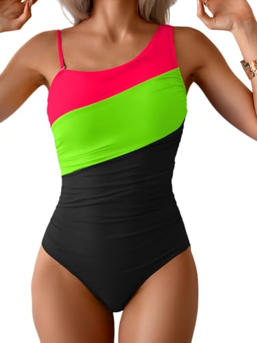 Image of Aidonger One Shoulder One Piece Swimsuit for Women Tummy Control Bathing Suits Color Block Ruched Swim Suit Slimming Swimwear