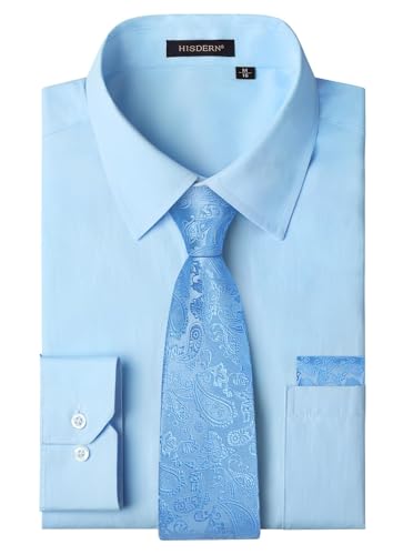 Image of HISDERN Mens Dress Shirt with Tie Pocket Square Set Classic Button Down Shirt Matching Tie Long Sleeve Shirts