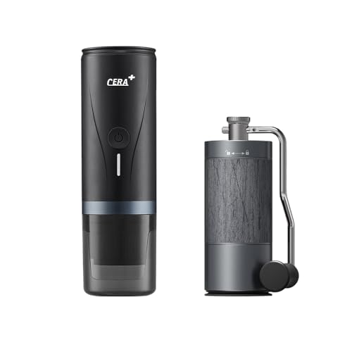 CERA+ Máquina de café espresso eléctrica portátil con juego de molinillo de café manual, cafetera autocalentable de 20 barras y molinillo de granos profesional pequeño de 90 configuraciones para viaje