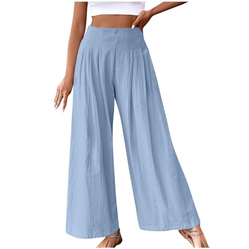 Womens Cotton Linen Trousers High Waist Wide Leg Solid Color Long Palazzo Pants Summer Casual Loose Comfy Beach Pant