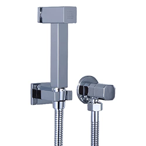 Pulverizador de bidé de mano para inodoro, kit de ducha de pulido cromado con botón pulsador, juego de ducha cuadrado de latón, montaje en pared, grifo de bidé compatible con agua fría (cromo)