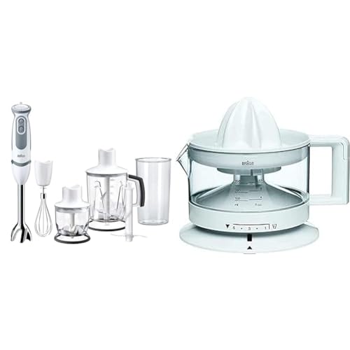 Braun Minipimer 5245 Batidora de Mano, 1000 W, 21 Velocidades, Función Turbo, Anti-Salpicaduras & TributeCollection CJ3000 WH - Exprimidor Eléctrico, 20 w, 350ml, Cantidad de Pulpa Ajustable