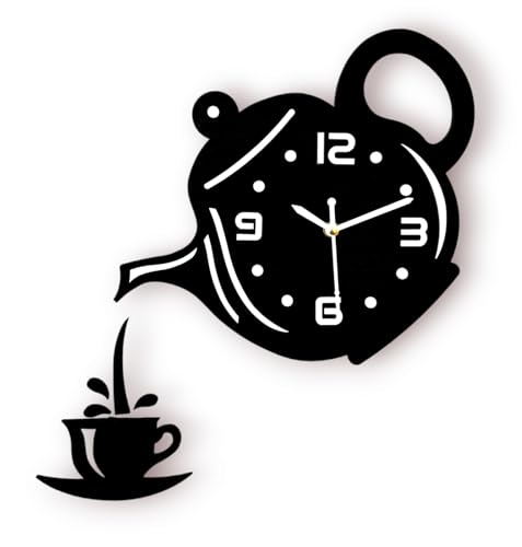 Image of cozyloom Tea Time Theme Wooden Wall Clock | Creative Teapot & Cup Cutout Design | Analog Kitchen Wall Clock for Home, Cafe & Office Decor | Gift Item (Black).