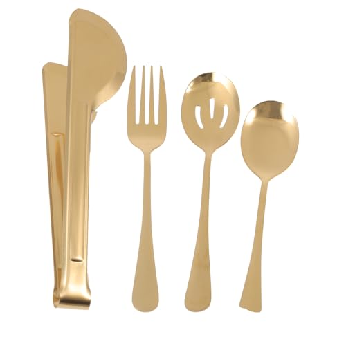 POPETPOP Pinzas de Comida y Cubiertos Dorados de Acero Inoxidable 4 Piezas, Juego Práctico Cuchara Sopera y Tenedor para Cocina, Barbacoa y Picnic en Hogar y Restaurante