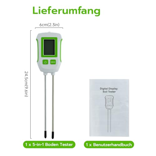 Mcbazel 5-in-1 Bodenmessgerät, Multifunktionaler Boden-Tester pH, Bodenfruchtbarkeit, Feuchtigkeit, Temperatur & Licht für Gärtner & Landwirtschaft, Dual-Probe-System mit LCD-Display, Auto-Abschaltung