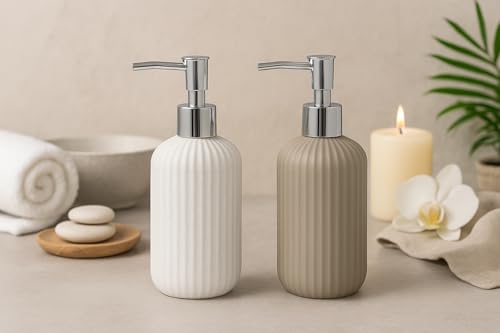Image of LAGET 300ml Soap Dispenser for Wash Basin -Ribbed Design | Kitchen and Bathroom Accessories Items | Liquid Handwash Dispenser Bottle Chrome Finsih Top- Set of 2 (White and Grey)