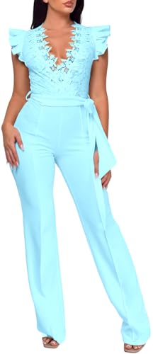 Image of PaladMom Womens Elegant Plus Size Jumpsuits Sexy Back zipper Short Sleeve Mid Waist Wide Leg Straight Rompers