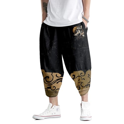 Image of DOSLAVIDA Men's Japanese Kimono Cardigan Suit Chinese Style Printed Jacket Pants Set Open Front Seven Sleeve Top & Shorts