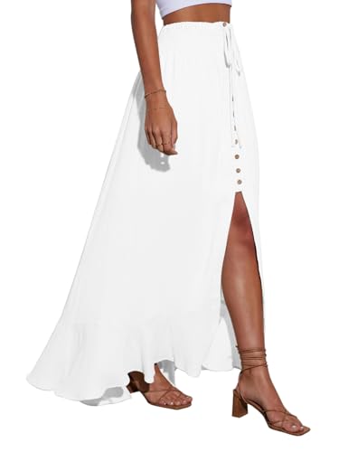 Image of Minclouse Women's Elastic Tie Waist Button Down Maxi Skirts Casual Loose Flowy Swing Slit Front Dress