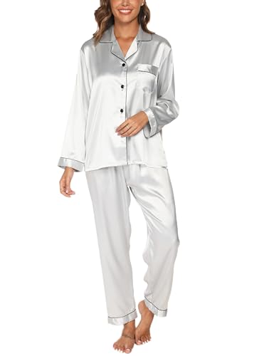 TeJoyce Pijama de Seda Largo para Mujer, Ropa de Dormir de Satén de Dos Piezas, Conjunto Loungewear de Raso de Manga Larga con Botones y Pantalón, Ropa de Casa Elegante y Cómodo de Invierno S-XXL
