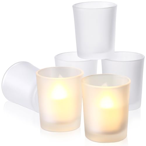 24 Pack White Frosted Glass Votive/Tea Light Holder, 1.77x2.05in | Thickened Glass Reusable Durable Candle Holders, Christmas Halloween Home Centerpiece, Wedding Party Spa Home Decor Gift