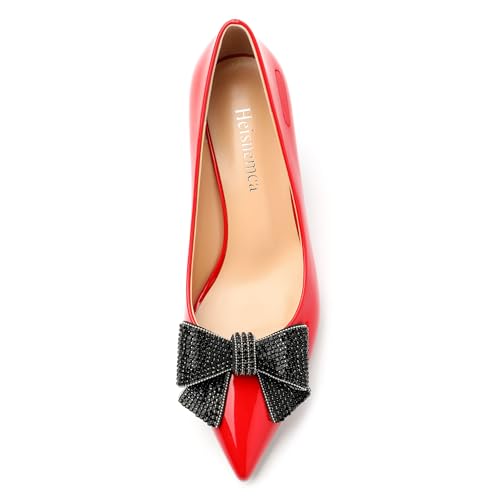 Image of Heels for Women Closed Patent Pointed Toe Bow Pumps Slip on Kitten Low Heels Wedding Party Dress Office Shoes 2.5Inch