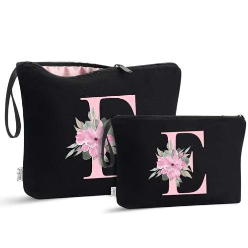 Image of Vavabox A-Z Personalized Makeup Bag, Birthday Gifts for Women Mom, Gifts for Best Friend, Bride Bridesmaid Cosmetic bag (E, 04-Black Set)