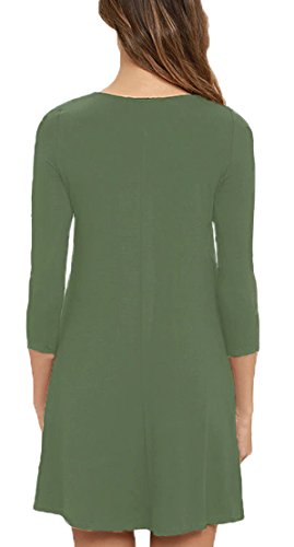 Viishow Womens Round Neck 3/4 Sleeves A-Line Casual Tshirt Dresses With Pocket Army Green, Small #TOP1