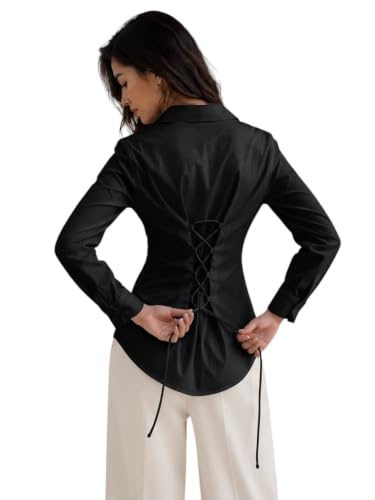 Image of OOMPH! Women's Cotton Solid Corset Style Shirt | Back Lace-Up Tie-Up Cinched Waist | Full Sleeve Button-Down Formal Office & Smart Casual Shirt