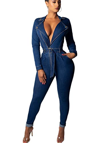 JIER Combinaison en Jean Femme Casual Slim Denim Rompers Manches Longues Stretch Skinny Jeans Sexy Chic Jumpsuit Pantalons Salopettes en Jean (Bleu,M,M)