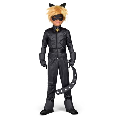 My Other Me - Disfarce infantil de Cat Noir em preto com casaco com cascato, calças, cinto com cauda, luvas, anti-face, peruca com orelhas e anel, tamanho 12-14 anos. Seja um herói gato