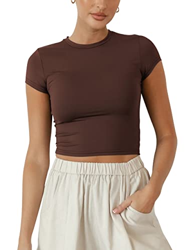 BAIGRAM Women Slim Cap Sleeve Round Neck Crop Tee Tops Basic Cute Form Fitting Baby Tshirt Summer Yoga Shirt 2025 Going Out Brown
