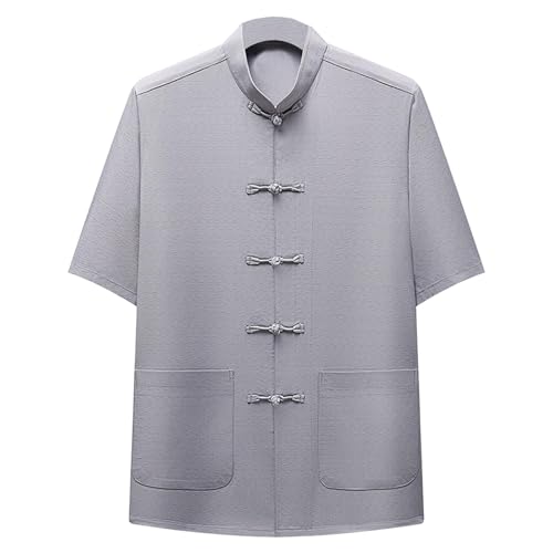 Cambkatl Men's Mandarin Collar Kung Fu Shirts Loose Short Sleeve Vintage Chinese Traditional Tai Chi Frog-Button Shirt