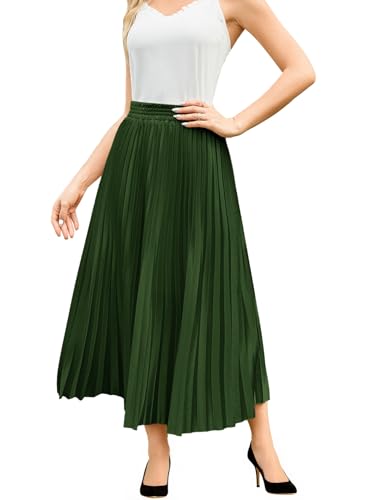 Flygo Pleated Skirts for Women Elastic High Waist A-Line Midi Skirt Casual Flowy Swing Pleated Skirt(Green-L)3