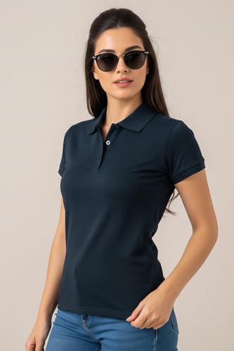 Image of JUNEBERRY Pure Cotton Regular Fit Plain Solid Classic Polo Collar Half Sleeve T-Shirt for Women (Colors: Olive, Maroon, Navy, Black, Green & Orange)