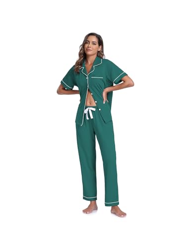 Image of CF Womens 100% Cotton Pajamas Set Button Down Pjs Sets Short Sleeve Top & Long Pants Sleepwear Comfy Loungewear with Pockets