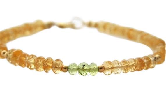 citrine & peridot 4-4.5mm rondelle shape faceted cut gemstone beads 7 inch stacking bracelet with 925 sterling silver - gold plated lock gemstone clasp bracelet - link chian bracelet for men/women