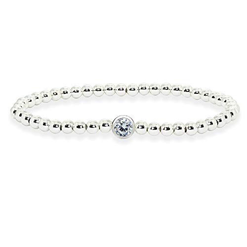 B. BRILLIANT Sterling Silver Polished Beads & Crystal Stretch Stackable Bracelet for Women