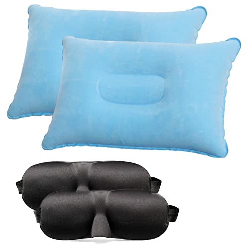SoundZero 2 Stück Aufblasbares Camping Kissen und 2 Stück 3D Schlafmaske, Ergonomisches Aufblaskissen für Nacken & Lumbalstütze, Leichtes Reisekissen für Camping, Reise, Outdoor, Büro (Blau) Cover