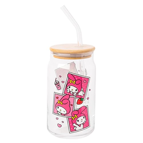 Silver Buffalo Sanrio Hello Kitty and Friends My Melody Polaroids Glass Jar Tumbler with Bamboo Lid and Glass Straw, 16 Ounces