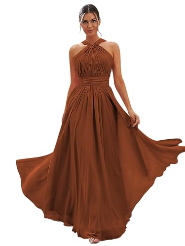 A-line Chiffon Bridesmaid Dress for Women Elegant Long Pleated Halter Formal Dress with Pockets in Burnt Orange 8