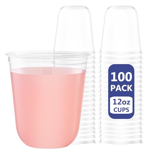 WELLIFE 12 oz Clear Plastic Cups, 100 Pcs Disposable Wine Glasses Stemless Cocktail Punch Cups for Cold Drinking Party Supplies, Easter, Valentine's day