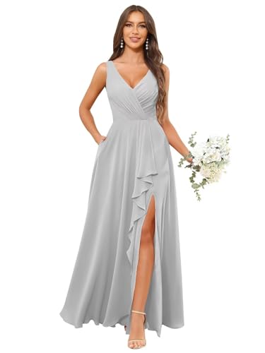Image of HANVAIOS Long Chiffon V Neck Bridesmaid Dresses for Women Formal Dress with Pocket