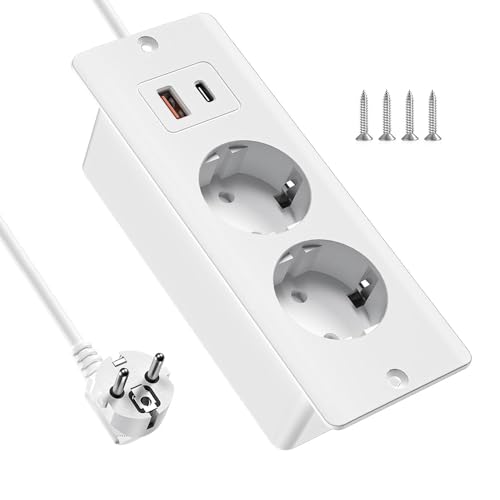 KBIBCK Einbausteckdose mit USB und Type-C, 4 in 1 Tischsteckdose, 2-Fach Einbau Steckdosenleiste, Tischplatte Versenkte mit 2M Kabel, Mehrfachstecker für Steckdose, Mehrfachsteckdose für Küche, Büro