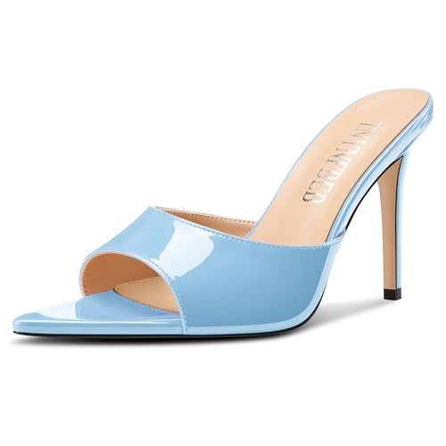 Image of TNYNFBEB Womens Stiletto High Peep Open Pointed Toe Sandals Mules Shoes Slip-on Slingback Office Party Dress Patent Leather Summer 3.9 Inches Heels
