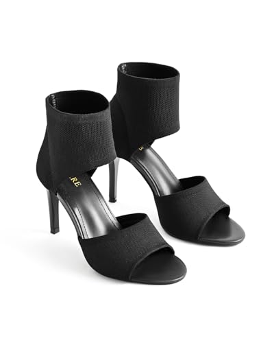Image of Peep Toe Heels for Women Sexy 3 Inches Stiletto Heeled Sandals for Women Open Toe Wide Stretchy Knit Heel Sandal Booties Slip On Comfortable Dressy Shoes for Prom, Party and Work