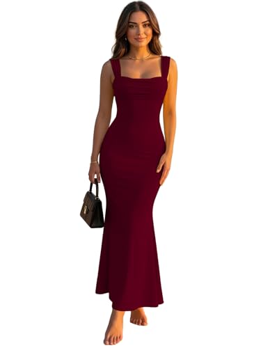 Image of Aahwan Solid Square Neck Bodycon Mermaid Hem Sleeveless Maxi Dress for Women's & Girl's